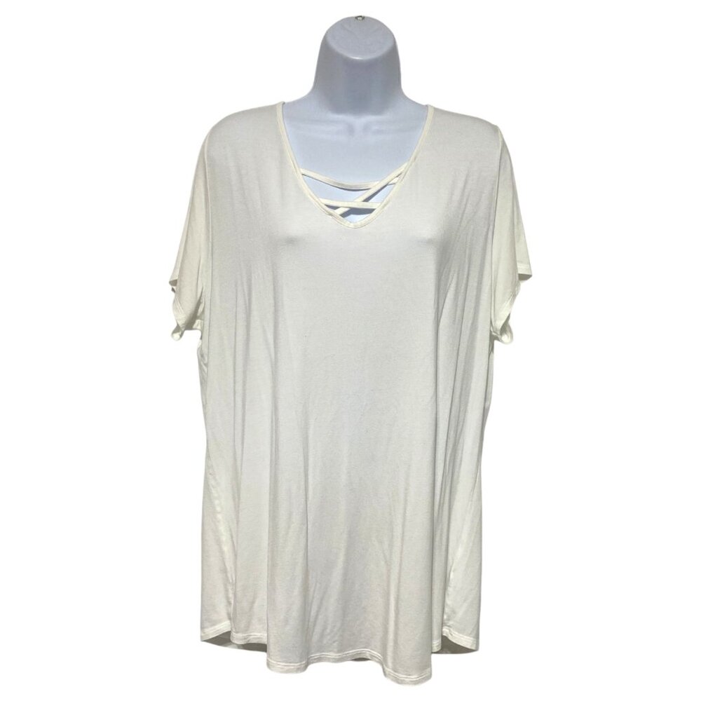 Masseys-Women's 1X Plus Size Pullover White Top Criss Cross Neck Light Weight